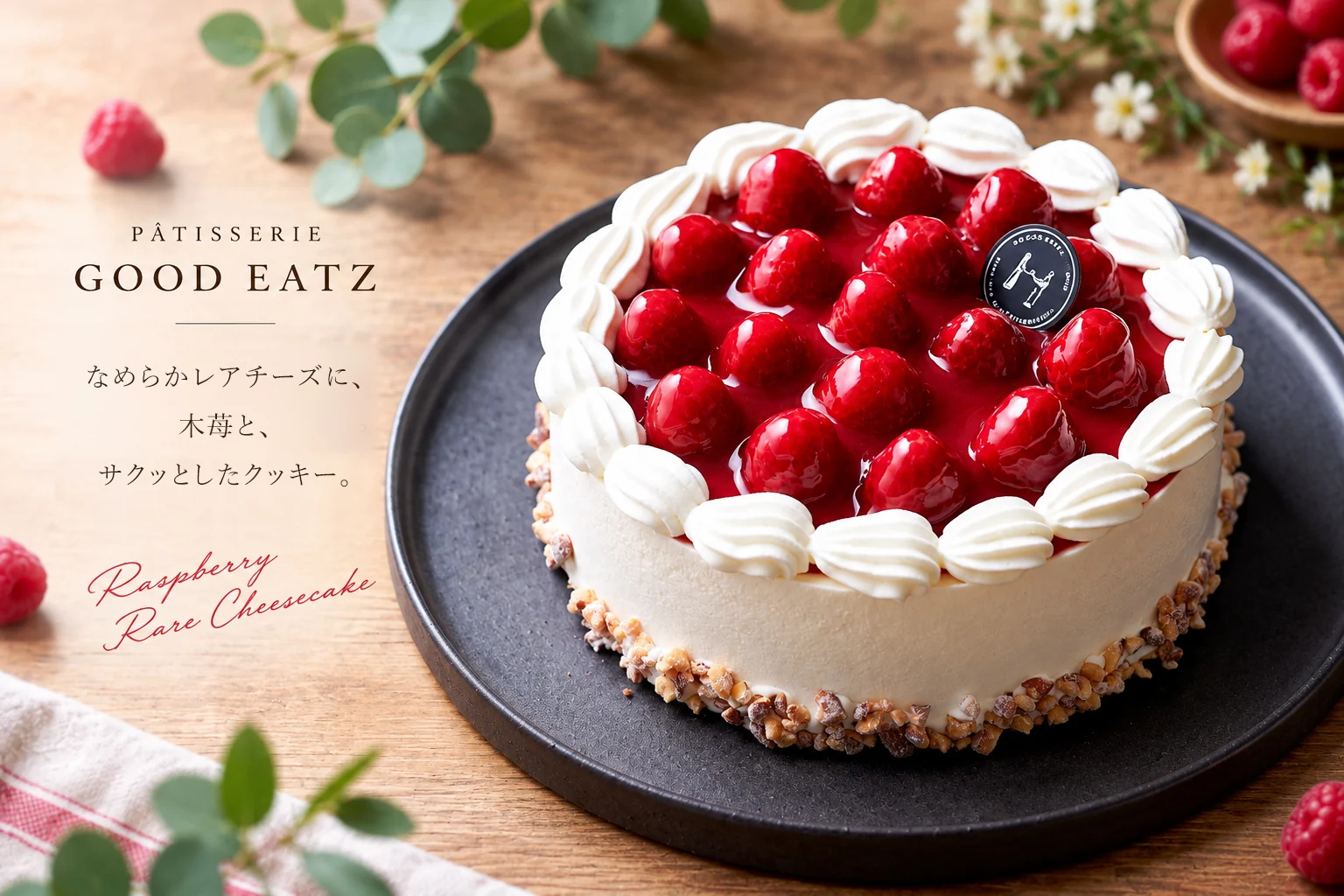 艶やかな木苺と白いクリームを飾った、黒い皿のレアチーズケーキ